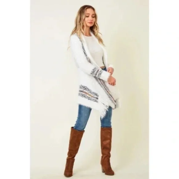 White Fuzzy Eyelash Western Boho Fringe Rainbow Aztec Pattern Open Knit Cardigan - Picture 5 of 5